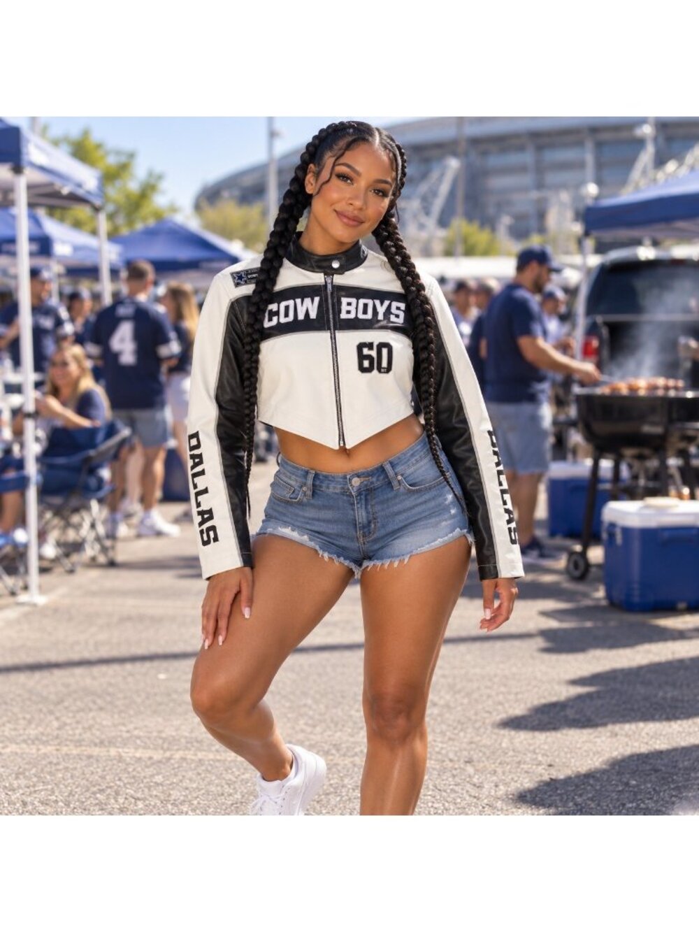 NFL Ultra Game Dallas Cowboys Womens M Faux Leather Crop Moto Jacket Embroidery